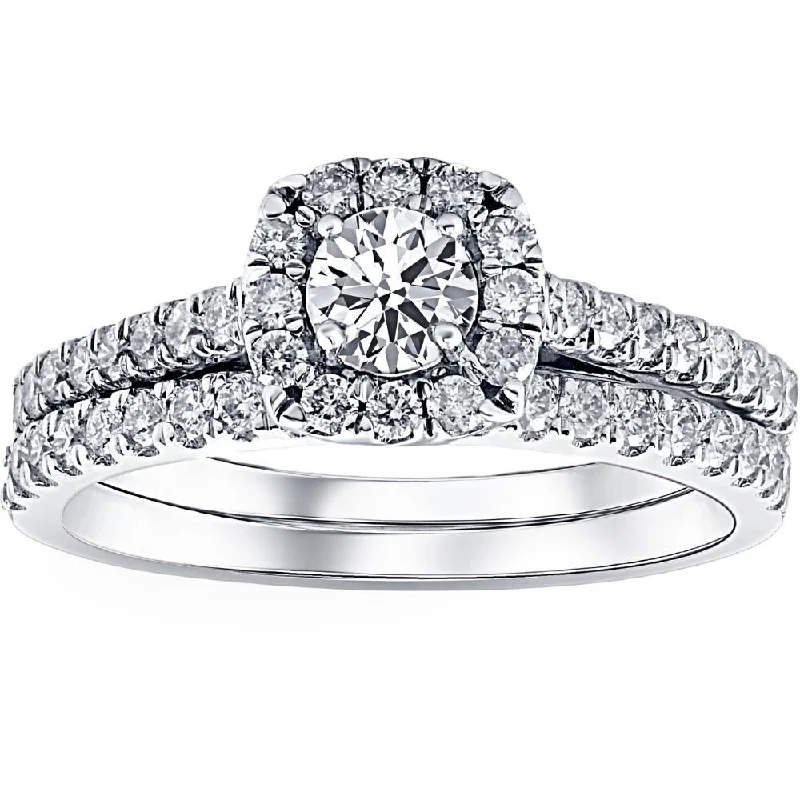 Ladies two-tone engagement rings-1 ct Diamond Cushion Halo Engagement Wedding Ring Set 14k White Gold