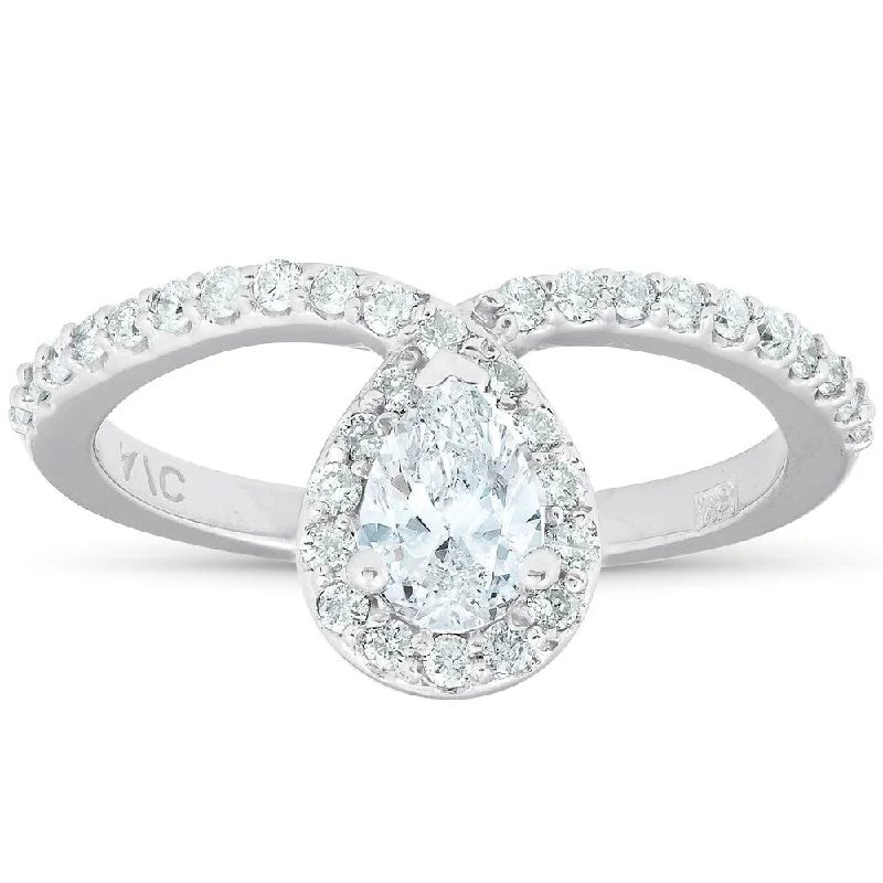 Ladies vintage engagement rings-3/4 Ct Pear Shape Halo Diamond Twist Engagement Ring 14k White Gold