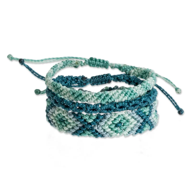 Ladies rose gold cuff bracelets-Novica Handmade Seafoam Surf Macrame Wristband Bracelets (Set Of 3)