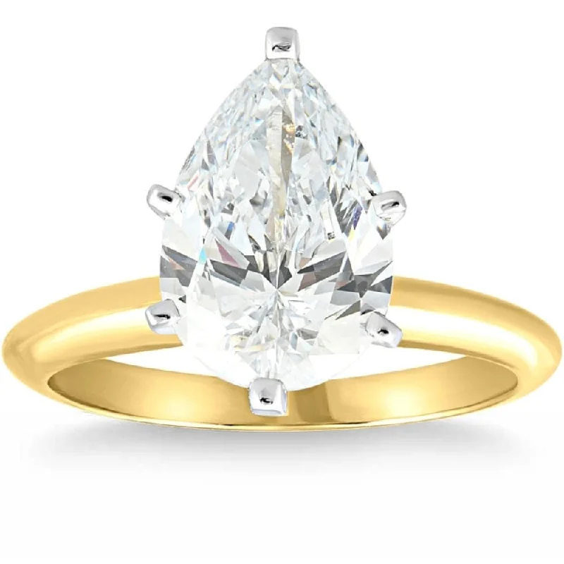 Ladies diamond engagement rings with side accents-Certified 2.01Ct Pear Solitaire Diamond Engagement Ring Gold Lab Grown Gold