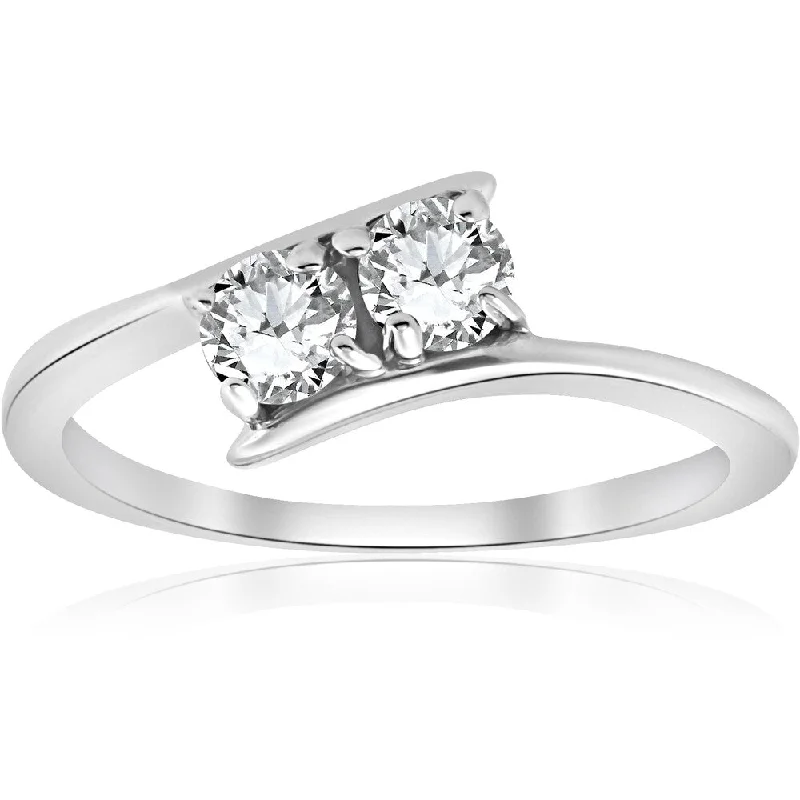 Ladies modern solitaire engagement rings-Pompeii3 10k White Gold 1/2 ct Two Stone Solitaire Diamond Engagement Round Cut Ring