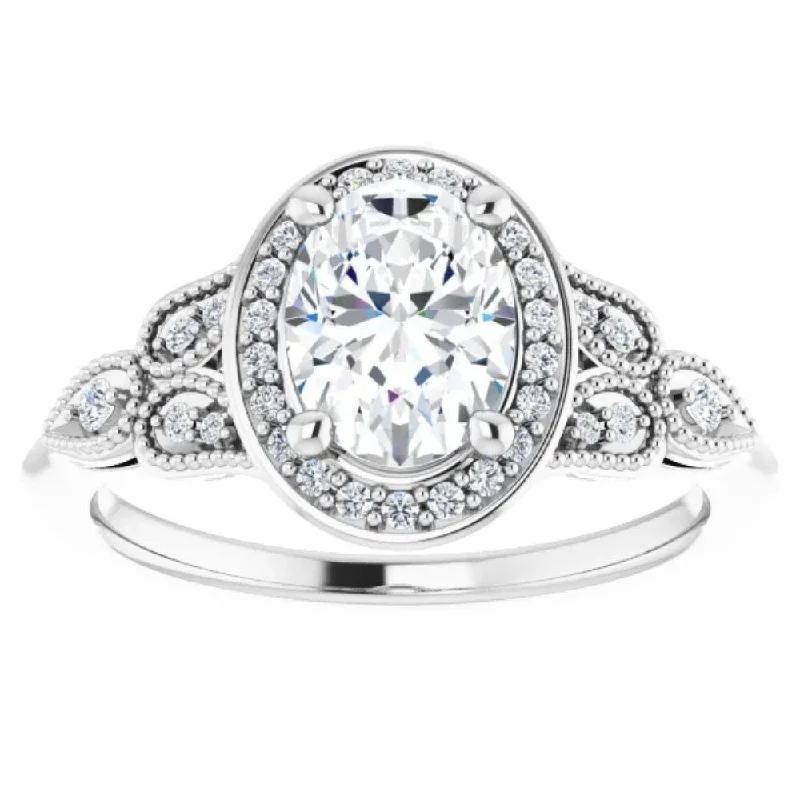 Ladies engagement rings with gemstones-1 1/3 Ct Oval Lab Grown Diamond Vintage Halo Engagement Ring 14k White Gold