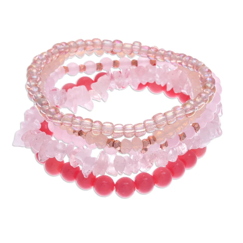 Ladies luxury bangles-Novica Handmade Fancy Dream In Pink Quartz Beaded Stretch Bracelets (Set Of 5)