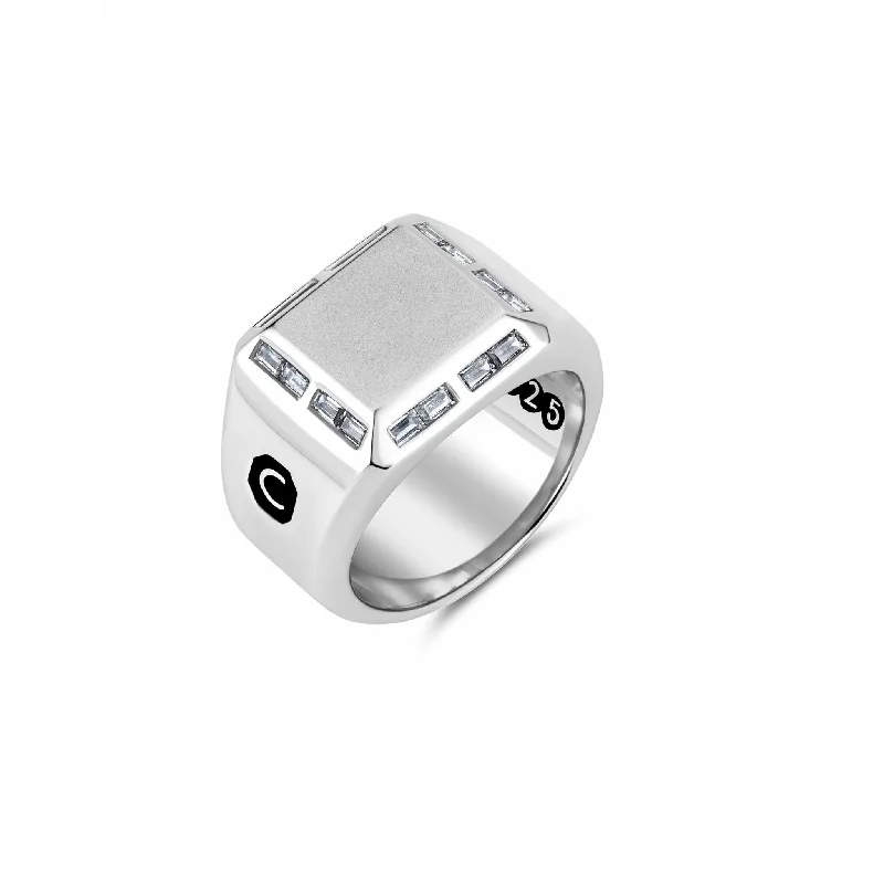 Ladies men’s style rings-CRISLU Mens Large Signet Ring with Baguette CZ In Pure Platinum