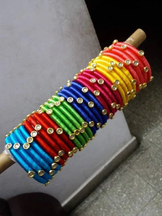 Ladies silver bracelets-Seven colors Silk Threaded Bangles sets