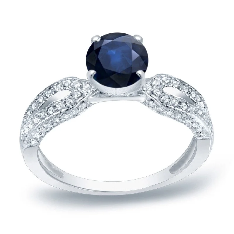 Ladies emerald cut engagement rings-Auriya Round 1ct Blue Sapphire and 1/5ctw Diamond Engagement Ring Platinum