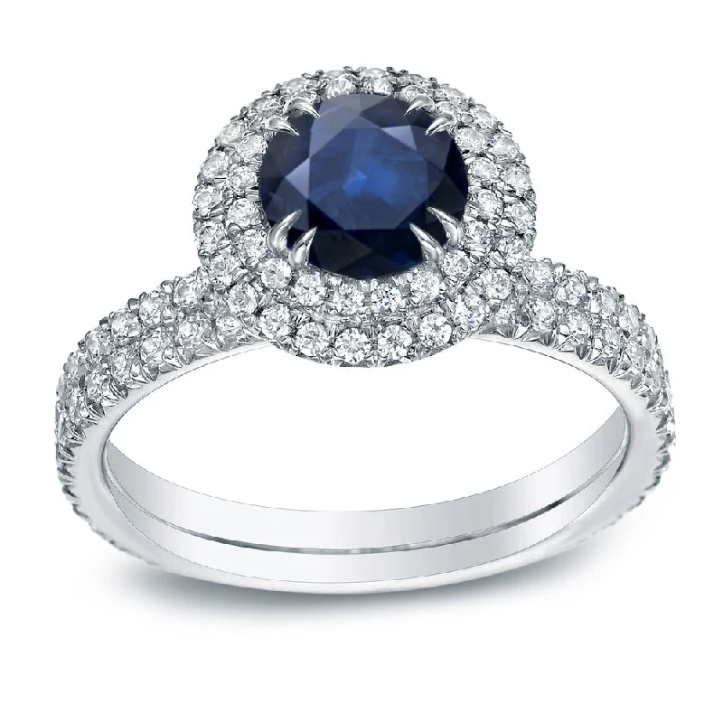 Ladies engagement rings with custom designs-Auriya Platinum 3/4ct Blue Sapphire and 1ct TDW Round Cut Halo Diamond Engagement Ring