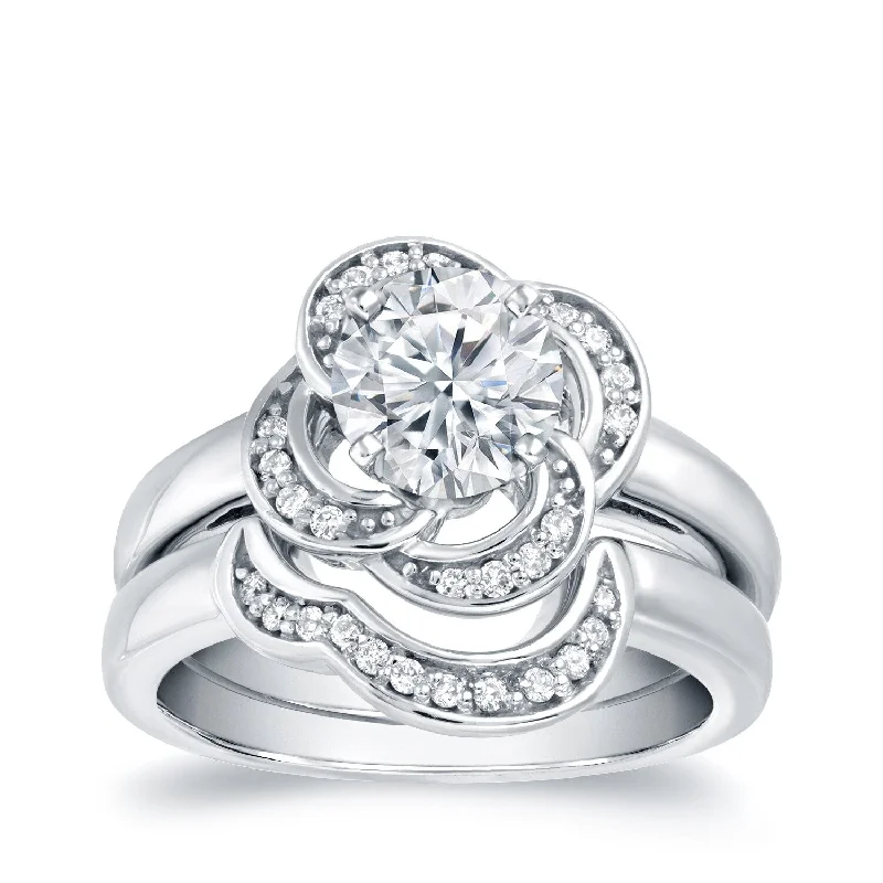 Ladies two-tone engagement rings-Auriya Unique Floral 3/4ct TDW Round Diamond Engagement Ring Set 14k White Gold Certified