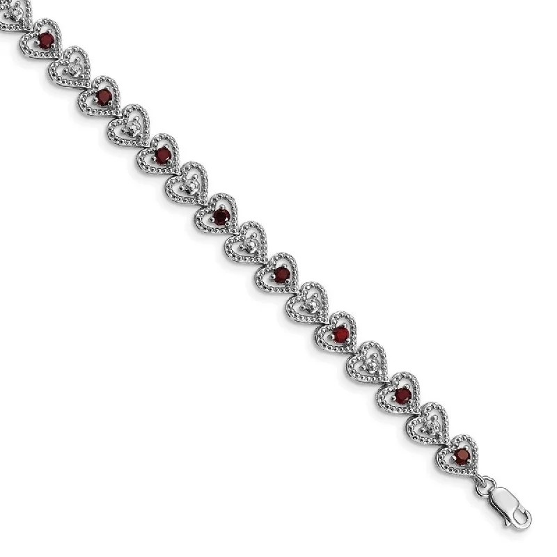 Ladies engraved bracelets-Curata 925 Sterling Silver Textured Polished Open back Lobster Claw Closure Garnet Diamond Bracelet