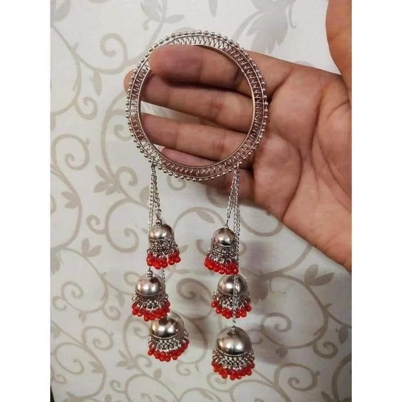 Ladies sparkling bracelets-MS Fashion India Hanging Red Pearls Jhumkas Bangles With Chains For Parties