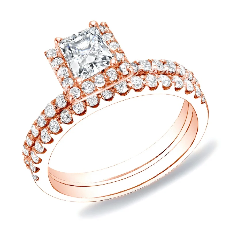 Ladies yellow gold engagement rings-Auriya 14k Rose Gold 1 1/4ctw Princess-cut Diamond Halo Engagement Ring Set