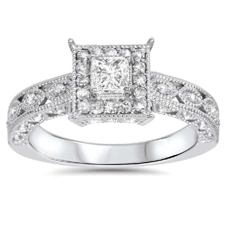 Ladies engagement rings with pave diamonds-14k White Gold 5/8ct TDW Halo Vintage Princess-cut Diamond Engagement Ring