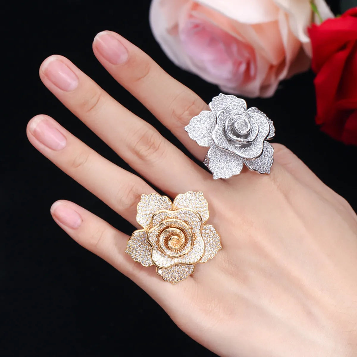 Ladies opal rings-Lady Flower Copper Plating Inlay Zircon White Gold Plated Rhodium Plated Rings