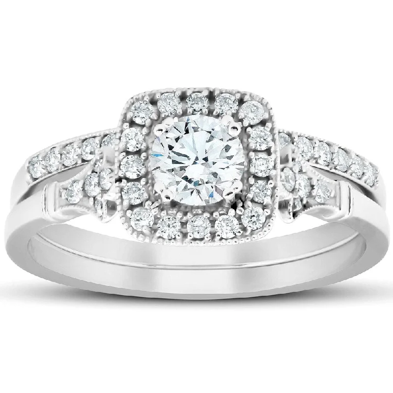 Ladies engagement rings with textured bands-3/4 CT Diamond Cushion Halo Engagement Ring Matching Wedding Band 14k White Gold