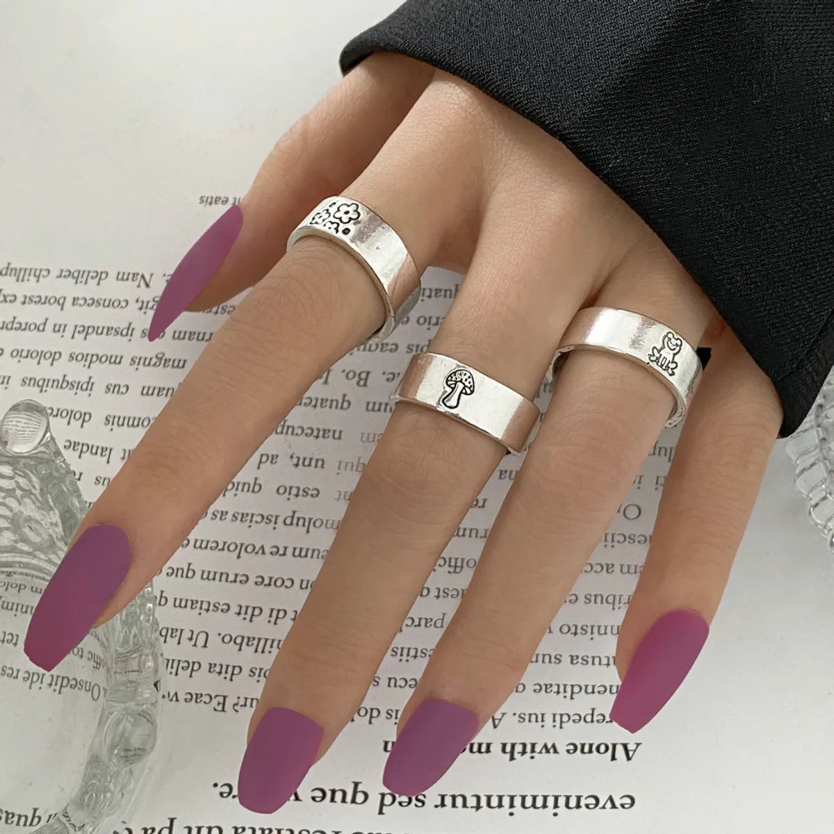 Ladies sterling silver rings-Creative Personality Mushroom Ring Set 3-piece Joint Ring Retro Engraving Butterfly Ring