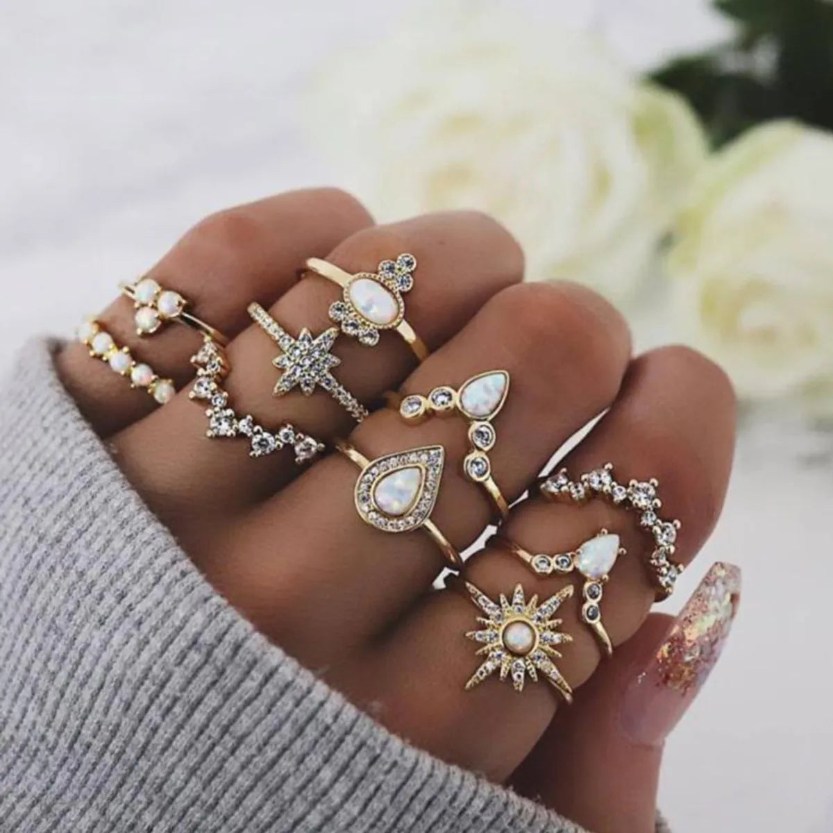 Ladies gold engagement rings-New Korean Fashion Imitation Opal Style Ring 10-piece Set