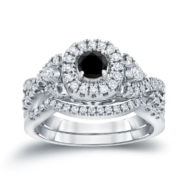 Ladies white gold engagement rings-Auriya Vintage 3/4ctw Halo Black Diamond Engagement Ring Set 14k Gold