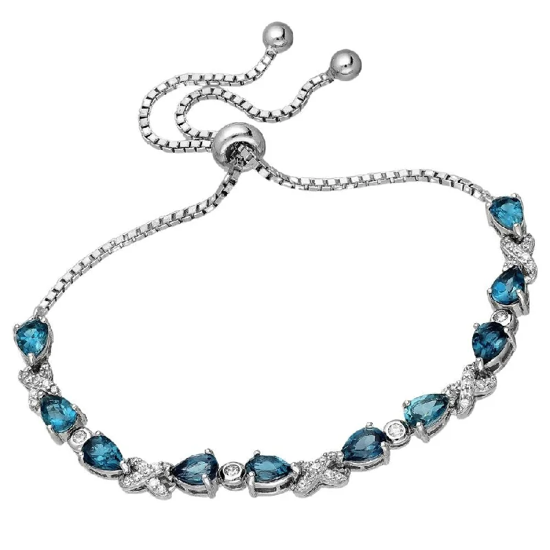 Ladies stackable bracelets-Sterling Silver London Blue Topaz & Clear CZ Teardrop Adjustable Bracelet