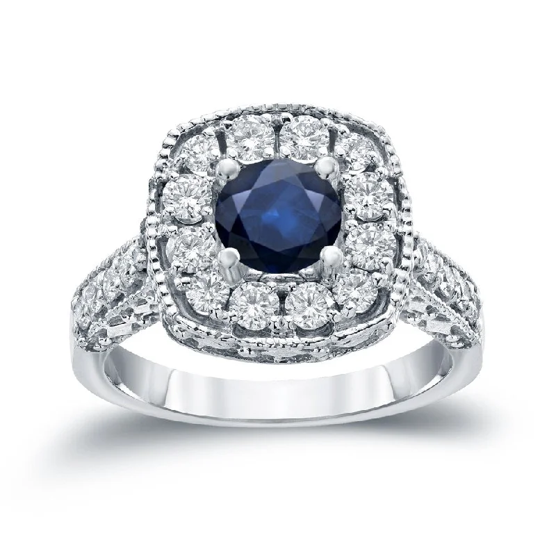 Ladies engagement rings with white sapphires-14k Gold Round 3/4ct Blue Sapphire and 3/4ct TDW Diamond Halo Engagement Ring