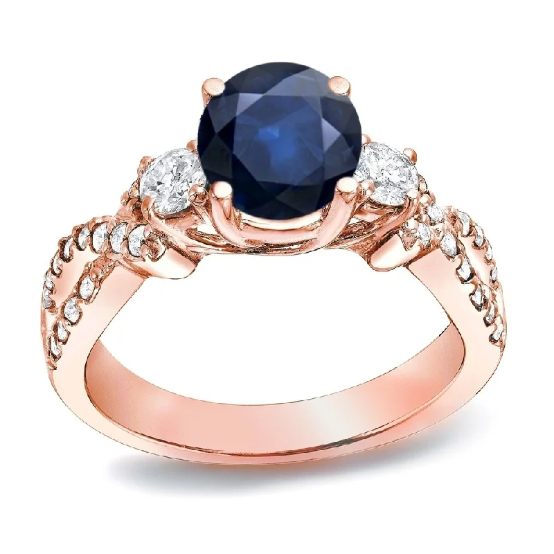 Ladies cushion cut diamond engagement rings-Auriya 1ct Blue Sapphire and 1/2ctw 3 Stone Diamond Engagement Ring 14K Gold