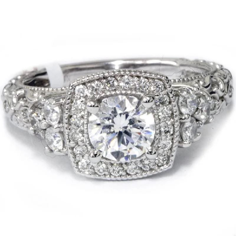 Ladies channel-set engagement rings-Vintage Diamond Cushion Halo Engagement Ring 1 1/3ct 14k White Gold