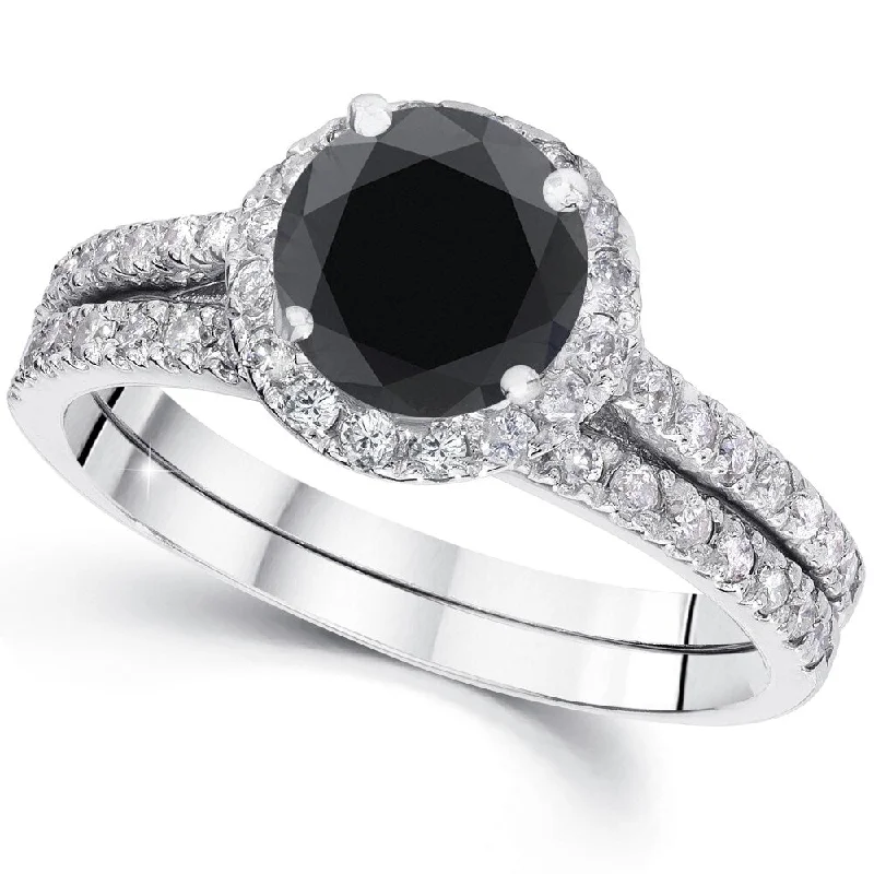 Ladies engagement rings with gemstones-14k White Gold 2 1/2ct TDW Black Diamond Halo Engagement Wedding Ring Set