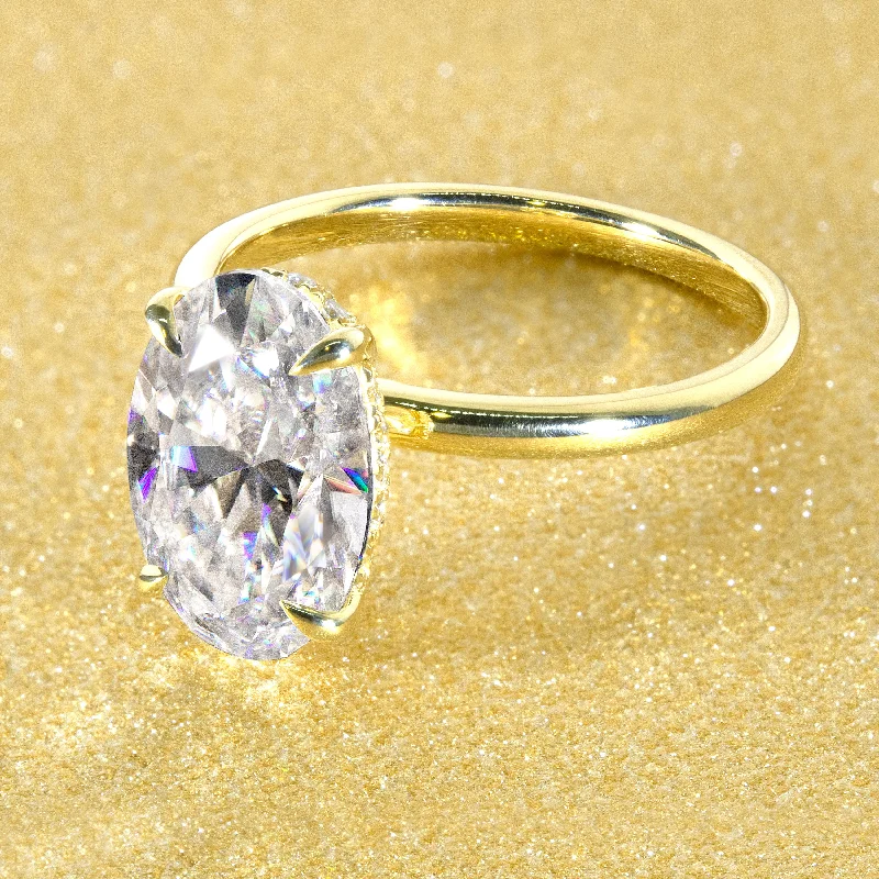 Ladies thin bands rings-The Adara, 4ct Elongated Oval-cut Moissanite Hidden Halo Ring