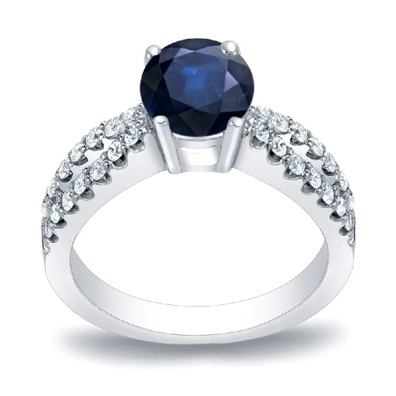 Ladies engagement rings with colored diamonds-Platinum Round 3/5ct Blue Sapphire and 2/5ct TDW Diamond Engagement Ring by Auriya