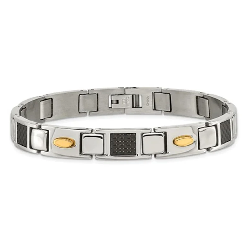 Ladies bridal bracelets-Chisel Stainless Steel Polished Yellow Plated with Black Carbon Fiber Inlay Link Bracelet