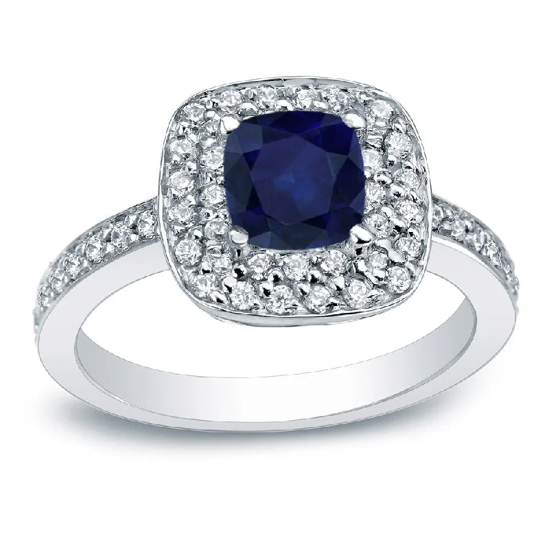 Ladies emerald engagement rings-Auriya 14k Gold 3/4ctw Cushion-cut Blue Sapphire Halo Diamond Engagement Ring 1/2cttw