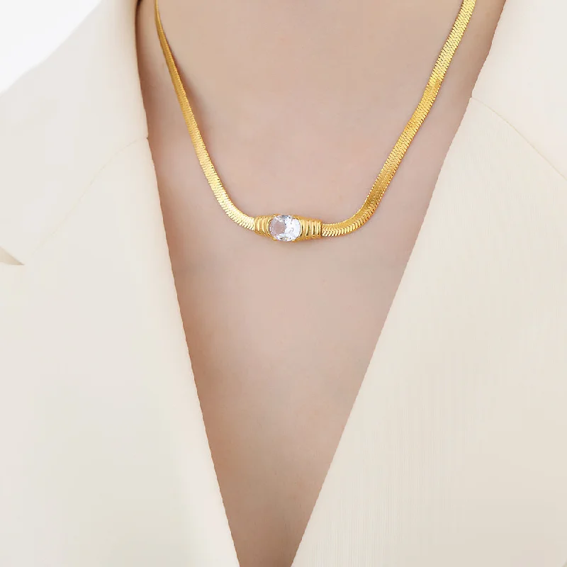 P1496-Gold White Zircon Necklace-41+5cm