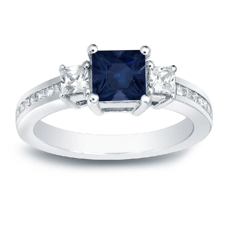 Ladies engagement rings with baguette diamonds-Auriya 3/4ct Princess Cut Blue Sapphire and 3/4ctw 3 Stone Diamond Engagement Ring Platinum