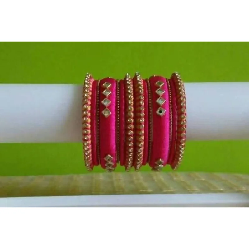 Ladies pearl bracelets-Pink Color with Diamond Shape Stone Silk Threaded Bangles Set of 2