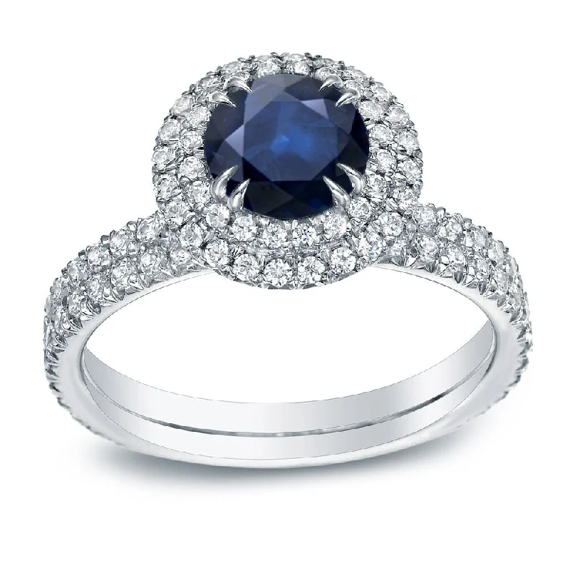 Ladies three-prong engagement rings-Auriya 3/4ct Round Blue Sapphire and 1ctw Double Halo Diamond Engagement Ring 14k Gold