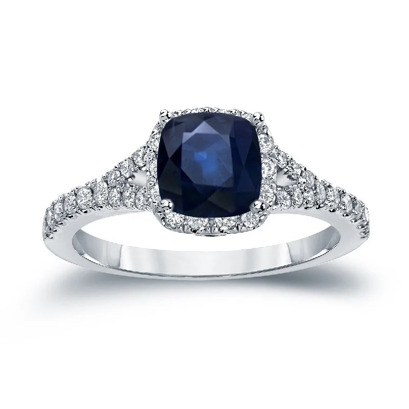 Ladies antique-inspired engagement rings-Auriya 14k Gold 1 carat Cushion Cut Blue Sapphire and 1/2ctw Halo Diamond Engagement Ring