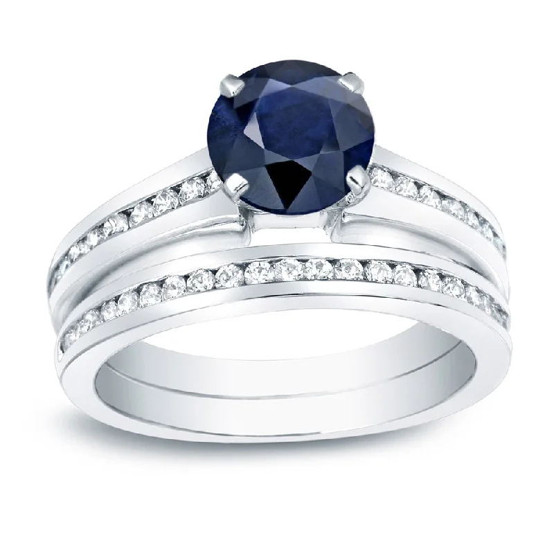 Ladies vintage-style engagement rings-Auriya Platinum 1ct Blue Sapphire and 1ct Diamond Engagement Ring Set