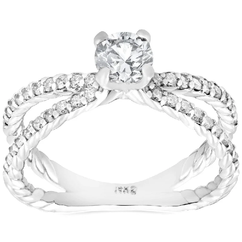 Ladies engagement rings with sapphire accents-Pompeii3 14K White Gold 1 ct TDW Diamond Clarity Enhanced Split Shank Braided Engagement Ring (G-H/SI2-I1)