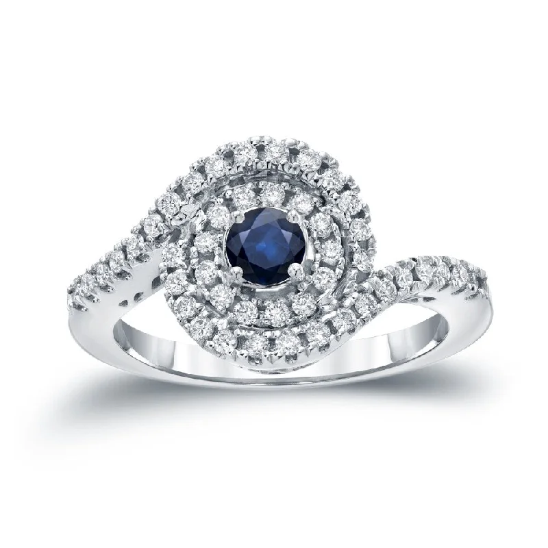 Ladies vintage-style engagement rings-14k Gold Round 1/5ct Blue Sapphire and 3/5ct TDW Diamond Halo Engagement Ring