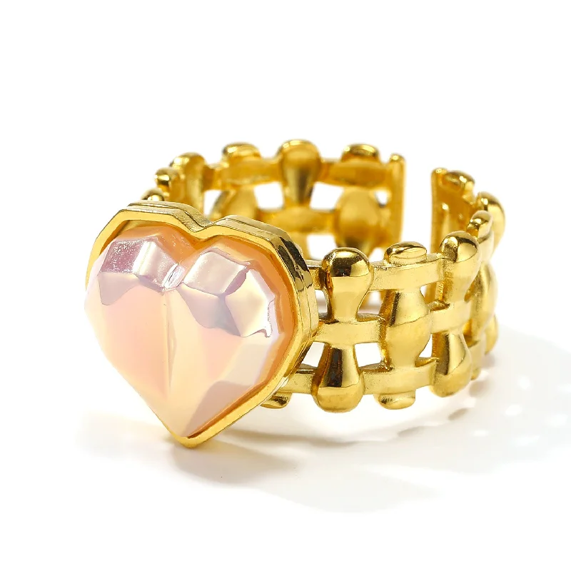 Ladies birthstone gemstone rings-Ig Style Simple Style Heart Shape Stainless Steel Plating Inlay Shell Gold Plated Open Rings