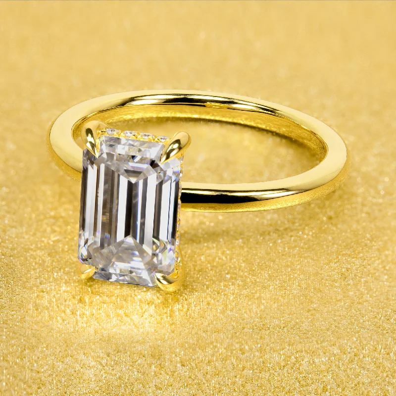 Ladies princess cut engagement rings-The Adara, 3ct Elongated Emerald-cut Moissanite Hidden Halo Ring