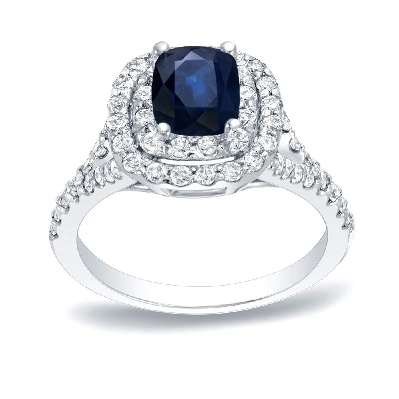 Ladies vintage engagement rings-Auriya Platinum 1/2ct Blue Sapphire and 3/4ct Halo Diamond Engagement Ring (H-I, SI1-SI2)