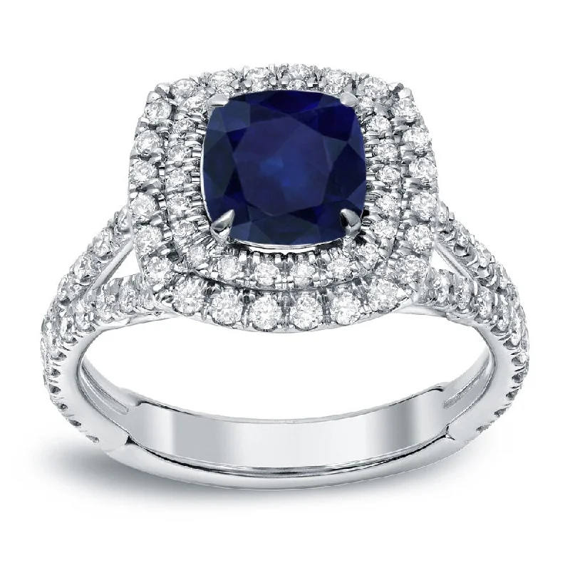 Ladies engagement rings with twisted bands-Auriya Cushion-Cut 1 1/4ct Sapphire and 1ct TDW Halo Diamond Engagement Ring 18k White Gold