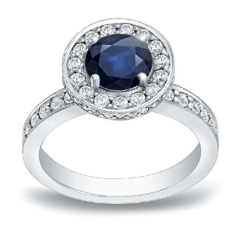 Ladies gold engagement rings-Auriya Vintage 1ct Sapphire and 3/4ctw Halo Diamond Engagement Ring 14K Gold (H-I, SI1-SI2)