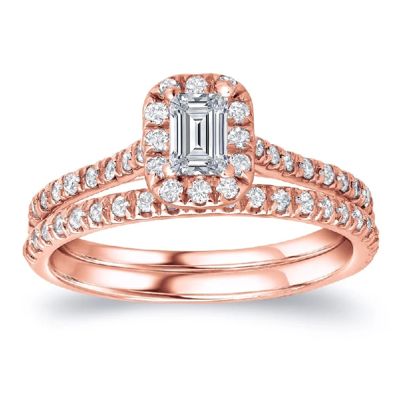 Ladies engagement rings with twist designs-Auriya 14k Rose Gold 1ctw Emerald-Cut Diamond Halo Engagement Ring Set