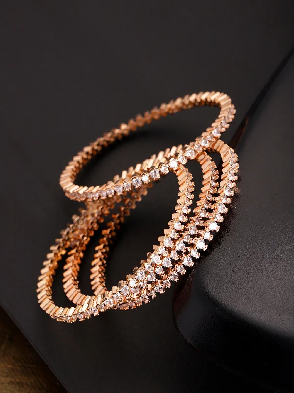 Ladies braided bracelets-Priyaasi Women Set Of 4 Rose Gold-Plated American Diamond Studded Bangles