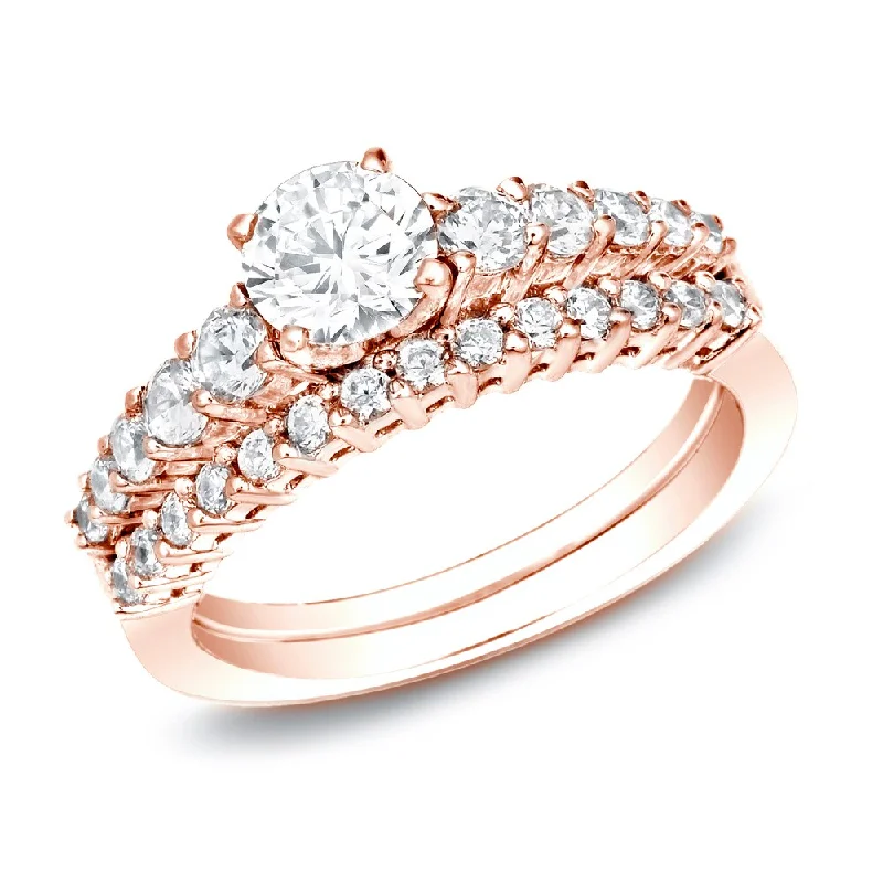 Ladies cushion cut diamond engagement rings-Auriya 14k Rose Gold 1ctw Classic Side-stone Diamond Engagement Ring Set