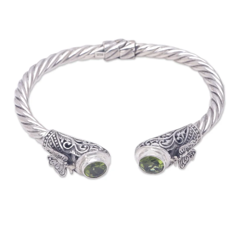 Ladies multi-strand bracelets-Novica Handmade Green Butterfly Peridot Cuff Bracelet