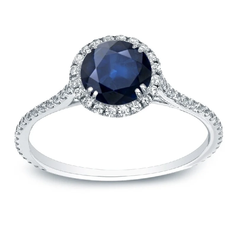 Ladies engagement rings with pearls-Auriya 3/4ct Blue Sapphire and 3/4ctw Halo Diamond Engagement Ring Platinum