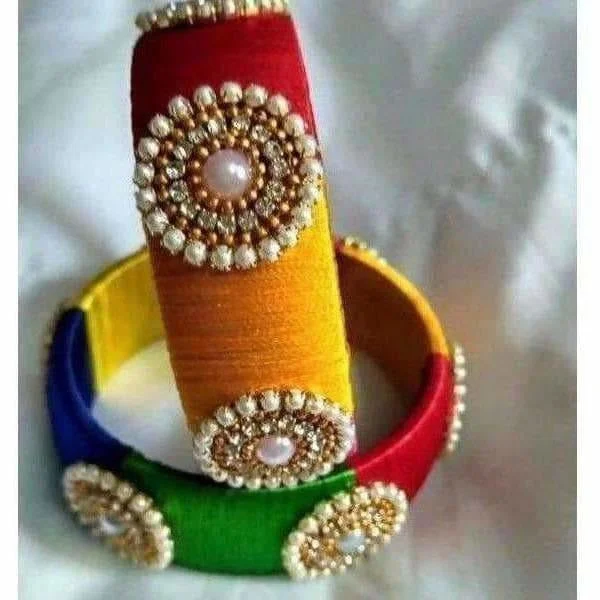 Ladies delicate gold bangles-Multi Color Threaded with Multi Color Beads - Set of 2 Bangles