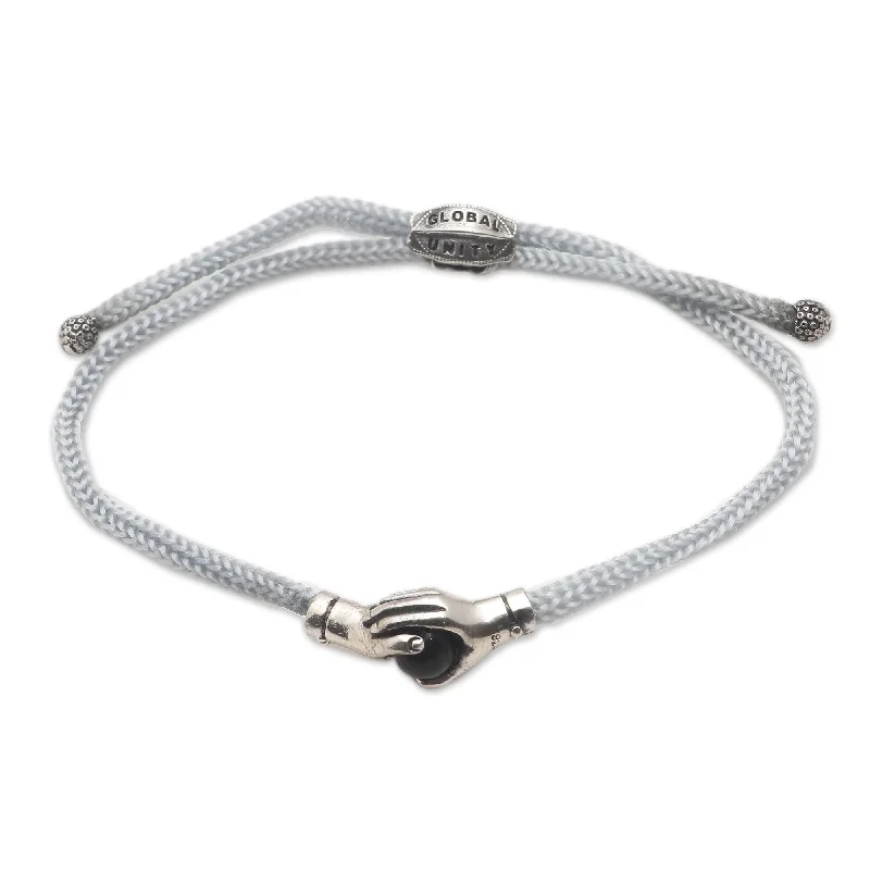 Ladies leather wrap bracelets-Novica Handmade Silver Grey Handshake Sterling Silver And Black Agate Unity Bracelet